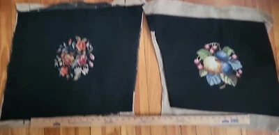 2 Vtg Wool Needlepoint Fruit Floral On Black Tapestry Chair Seat Pillow Covers  - Image 1 of 4