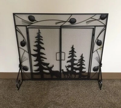 Tela de lareira de metal floresta de veados com portas cabana lodge tronco de montanha decoração para casa - Imagem 1 de 4