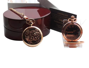 DAD Engraved Pocket Watch 24k Gold Custom Engraving Luxury Wooden Case - Picture 1 of 3