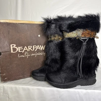 Bearpaw Kola II Black Calf Skin Goat Fur Boots Wool Sheepskin Lining Sz 6 Boho - Image 1 of 4