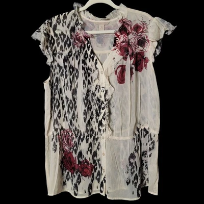 Jonathan Martin Women Cream Floral Leopard Chiffon Fairy Grunge Button Up Top 2X - Image 1 of 4