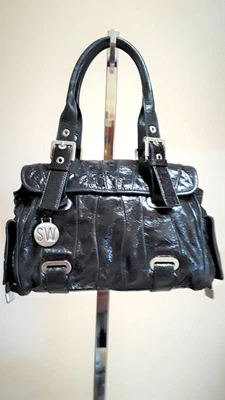Stuart Weitzman VGUC Black Distressed Leather Satchel  Silver Hardware - L - Image 1 of 4