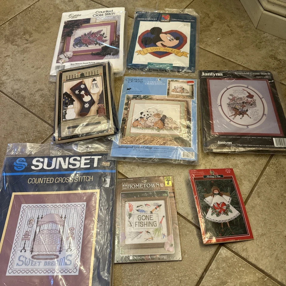 Lot Of 8 Cross Stitch Kits, Patterns, Appliqué Stocking Christmas, Disney, Etc.  - Image 1 of 4