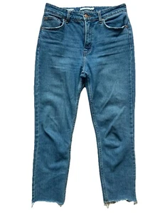 Bershka Straight Crop Jeans Blue Skinny Slight Stretch Fray Hems Size 10 38 VGC - Picture 1 of 7