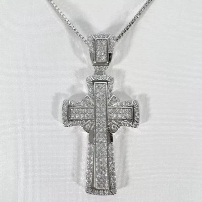 3.0Ct Round Cut Real Moissanite Cross Men's Charm Pendant 14K White Gold Plated - Image 1 of 4