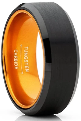 Alianza de boda de tungsteno negro para hombre y mujer anillo interior naranja Foto 1 de 4