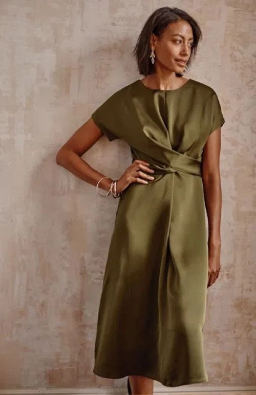 Nuevo con etiquetas Vestido J.Jill Wearever Collection Satén Envolvente Cintura Verde Oliva Twist 4X $139* Foto 1 de 4