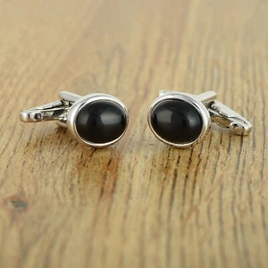 925 Sterling Silver Oval Cabochon Black Onyx Gemstone Men's Cufflinks Gift - Picture 1 of 3