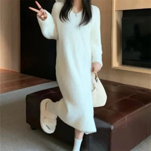 Womens Fluffy Faux Fur V Neck Long Sleeves Over Knee Warm Knitted Sweater Dress - Picture 1 of 10