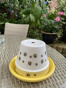 Flower Pot Ashtray - Incense Terracotta Pot 15cm Bumble Bee Decals Cream Yellow