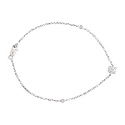 0.61 Ct Real SI/HI Emerald Cut Diamond Chain Bracelet Gift 18k White Solid Gold - Image 1 of 4