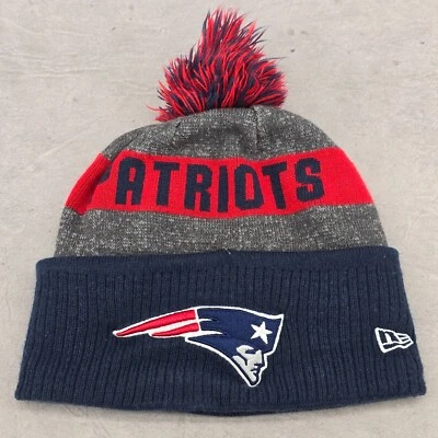 New Era New England Patriots Knit Pom Pom Beanie Hat Blue Gray Red One Size Cap - Image 1 of 4