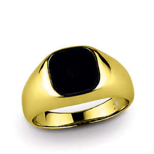 18k Solid Yellow Gold Mens Classic Ring with Natural Black Onyx Gemstone