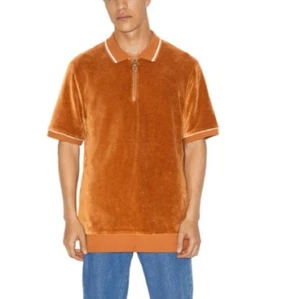 NEW American Apparel Mens Size S Stretch Velour 1/4 Zip Polo Orange Short Sleeve - Picture 1 of 7