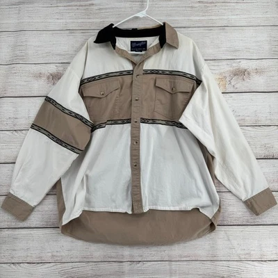 Vintage Wrangler Aztec Western Colorblock Pearl Snap Shirt Mens XXL Beige White - Image 1 of 4
