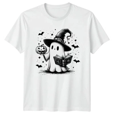 Halloween Ghost Witch Hat Pumpkin Book Mens Womens Graphic Tee Unisex T-Shirt - Image 1 of 4