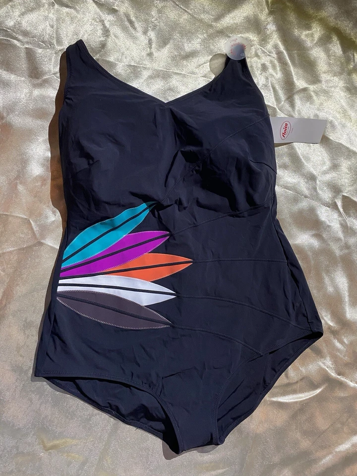Traje de baño de una pieza Anita Care NEGRO con hojas de color, copa S22 C nuevo con etiquetas Foto 1 de 4