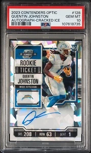 Quentin Johnston 2023 Contenders Optic #128 Cracked Ice Rookie Auto /22 PSA 10 - Foto 1 di 2
