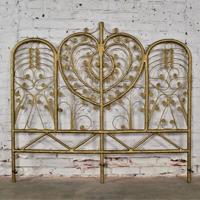 Cabecero de mimbre pintado dorado bohemio Hollywood Regency años 60-1970 tamaño completo Foto 1 de 4