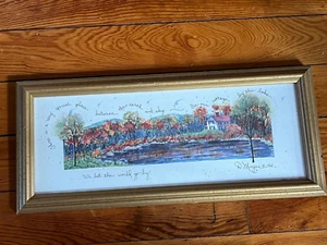 D. Morgan Signed Lake Home w Autumn Trees & Saying Print in Gilt Wood Frame Unde - Picture 1 of 10