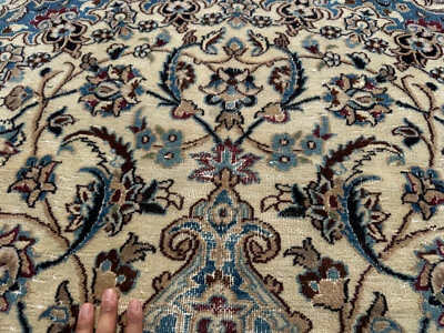 6x9 ANTIQUE ORIENTAL RUG IVORY WOOL HANDWOVEN vintage handmade old worn real ft - Image 1 of 4