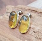 Amber And Silver Post Stud Earrings Oval Yellow Natural Gemstone Teardrop