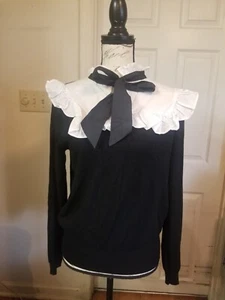 On twelfth Sweater Large Pullover Black White Ruffle Trim Neck Tie LSlv EUC - Picture 1 of 14
