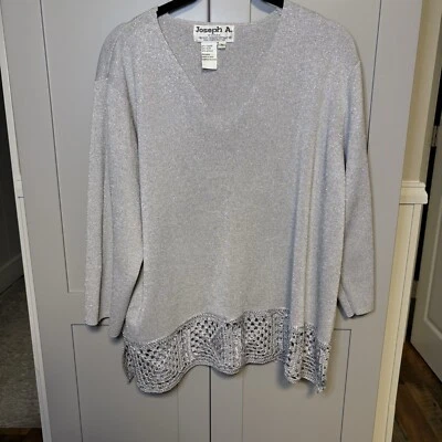 Suéter JOSEPH A. 1x Plateado Crochet Acento Estrás Manga 3/4 Para Mujer Top Foto 1 de 4