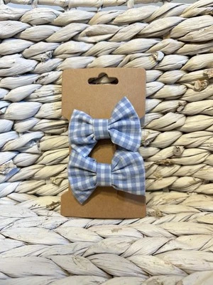 Handcrafted Blue & White Checker Plaid Clip On Hair Bows For Baby Girl /Toddler - Image 1 of 2