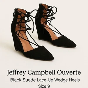 Jeffrey Campbell Ouverte Wedge Sandals Black Suede Leather Toe Heels Size 9 - Picture 1 of 9