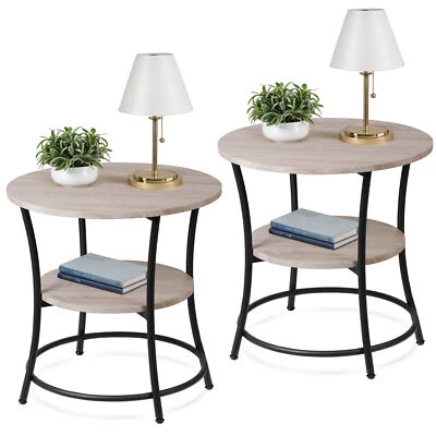 Set of 2 Natural Wooden Side Tables 2-Tier Round End Tables with Metal Frame  - Image 1 of 4