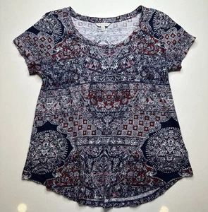 Lucky Brand Top Womens Size M Blue Short Sleeve Boho T-Shirt Tee Paisley Floral - Picture 1 of 6
