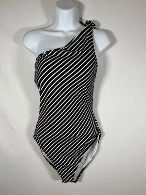 LAUREN Ralph Lauren Stripped One Shoulder Swimsuit Size 8 Black and White Beach - Image 1 of 4
