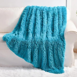 Teal Faux Fur Throw Blanket,2 Layers,50" X 60", Turquoise Soft Fuzzy Fluffy Plus - Picture 1 of 12