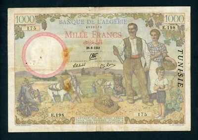 TUNISIA  1000  FRANCS  1941  PICK # 20a  FINE. - Image 1 of 2