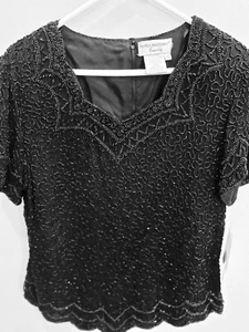 Papell Boutique Vintage Abend Misses XL schwarzes Oberteil verziert Perlenbluse mit Etikett - Bild 1 von 8