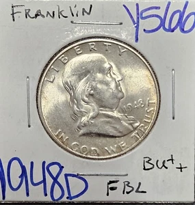 Medio dólar Franklin 1948-D 50C Bu FBL FECHA CLAVE 90 % plata ENVÍO GRATUITO - Imagen 1 de 4