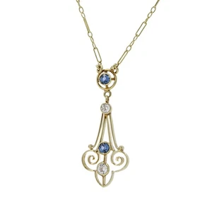 Art Nouveau 14k 0.14ctw Diamond and Lab Grown Sapphire Pendant Necklace #JB469-2 - Picture 1 of 7