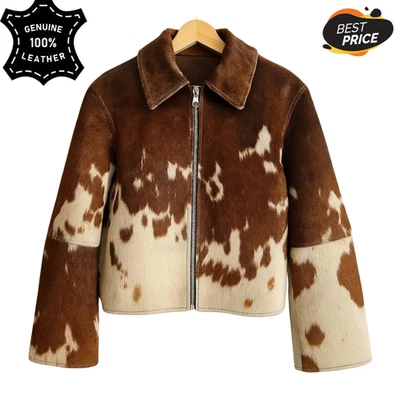Women’s Western Cowhide Leather Jacket Handmade Natural Hair-On Rodeo Style Coat - Image 1 of 4