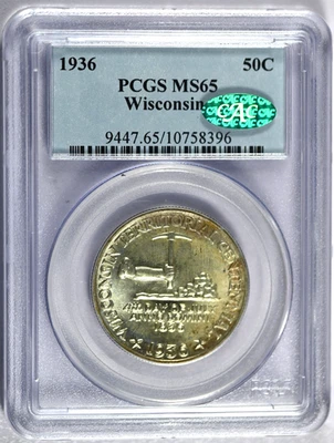 1936 PCGS MS65 Wisconsin Classic Silver Commemorative Half with Green CAC Label - Image 1 of 2