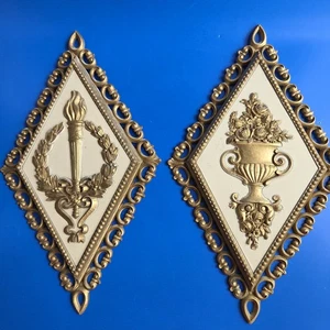2 Vintage Homco Home Interiors HOLLYWOOD REGENCY Diamond Wall Plaques 7.5”x13" - Picture 1 of 6