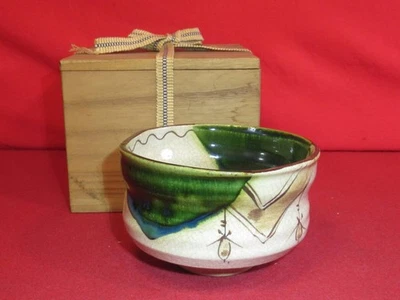 Japanese Oribe Chawan Tea Ceremony Bowl w/ Paulownia Box - Image 1 of 4