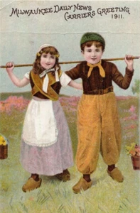 1911 Cute Dutch Kids Flowers Milwaukee Daily News Greeting Calendar Trade Card - Picture 1 of 3
