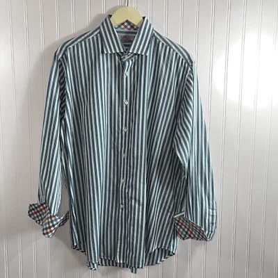 Jack Stone Button Down Shirt Men XLarge White And Green DressShirt Contrast Cuff - Image 1 of 4