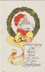 CHRISTMAS POSTCARD Santa In Wreath w/Yellow Bow, Embossed, Unposted