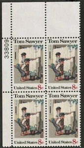 US USA Sc# 1470 MNH FVF PLATE # BLOCK Mark Twain Tom Sawyer Paintbrush Hat Fence - Picture 1 of 1