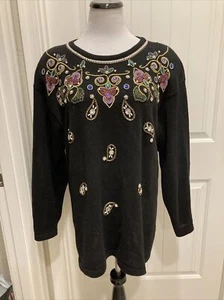 Vintage Beautiful Black Beaded/Embellished Victoria Jones Beaded Sweater SZ L - Picture 1 of 12