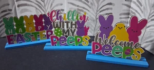 3Pcs Happy Easter Table Sign Wooden Peeps & Bunny Tabletop Centerpieces - Picture 1 of 4