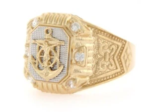 10k or 14k Two Tone Gold Anchor CZ Fancy Religious Mens Ring - Picture 1 of 6