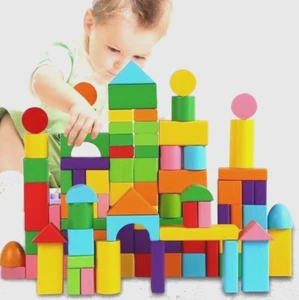 Classic Wooden Building Blocks Set 50pcs with Bag for Kids Assemble Educational - Picture 1 of 3